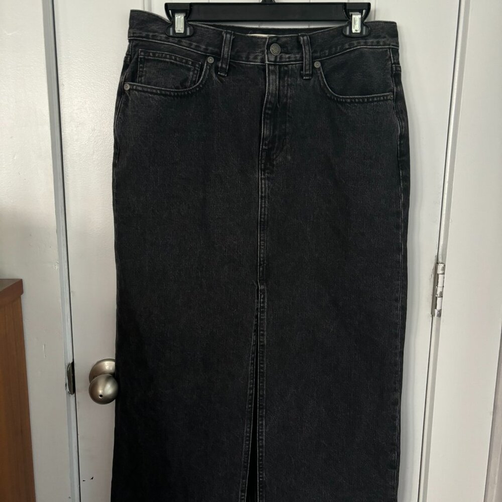 perfect midi black denim madewell skirt with front slit